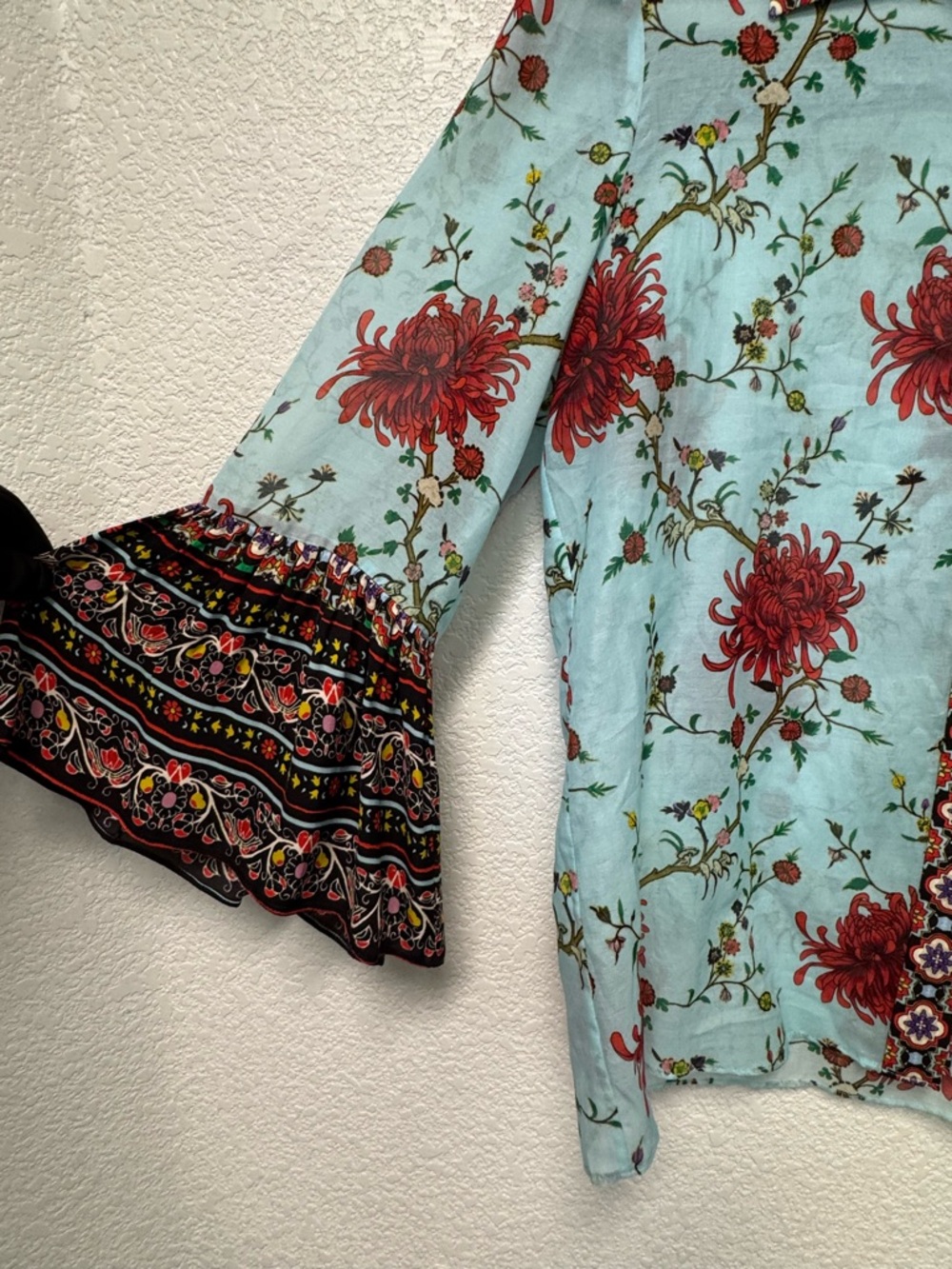 Alice + Olivia Light Blue Button-Down Shirt with Red Floral Print - Picture 3 of 11